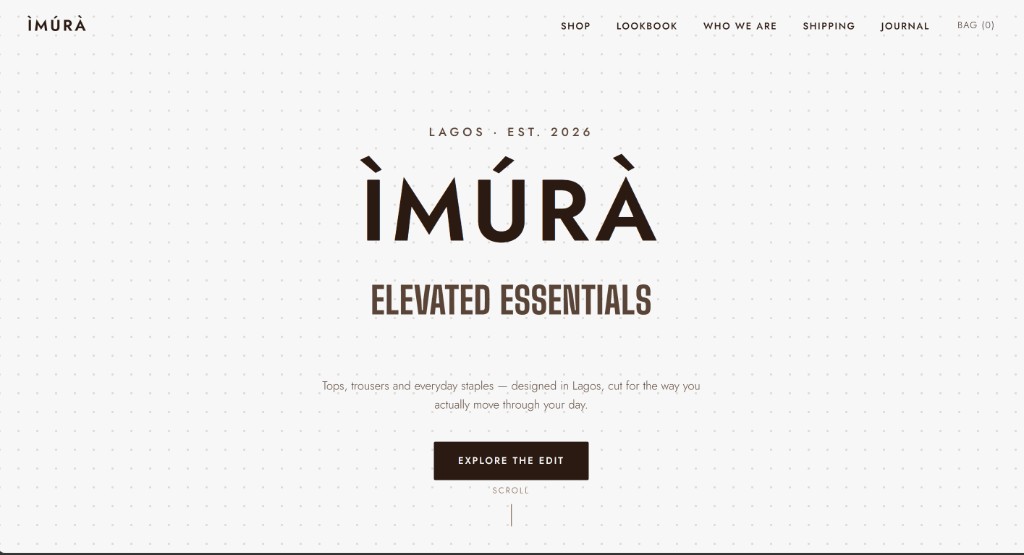 ÌMÚRÀ homepage hero — Lagos · Est. 2026, Elevated Essentials, Explore the Edit